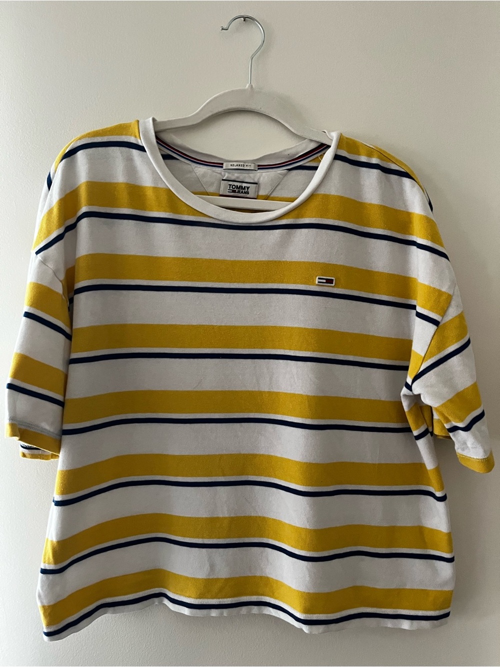 Tommy Hilfiger White, Yellow & Navy Striped Tee with Embroidered Logo